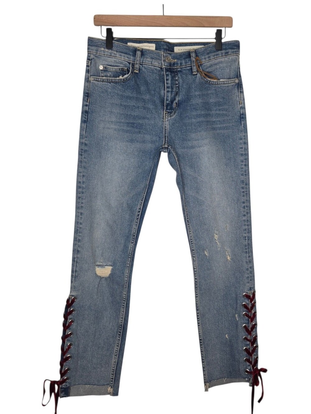 Pilcro Anthropologie Womens Velvet Lace Up Slim Straight Denim Jeans 28